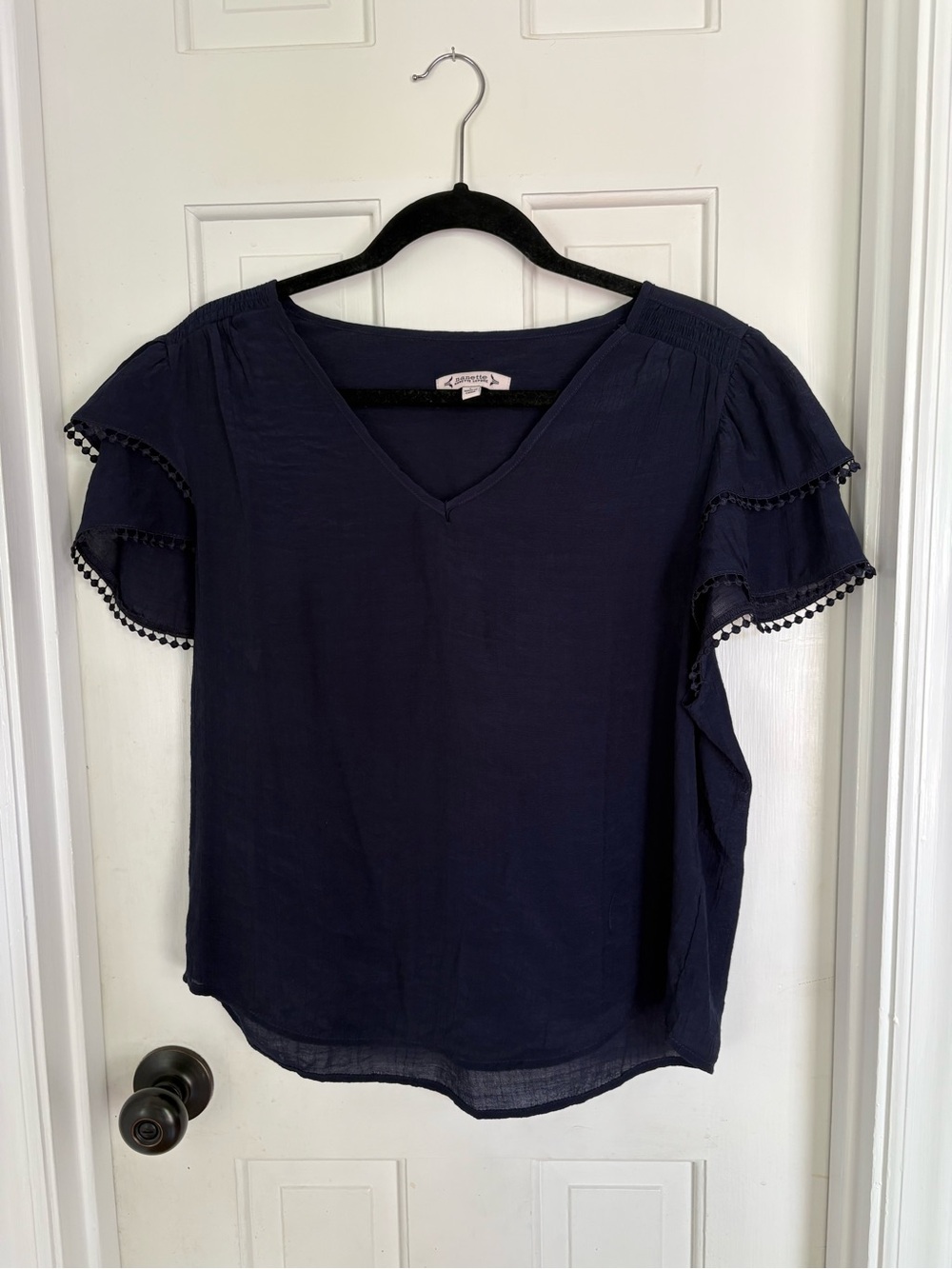 Nanette Lepore Navy V-Neck Short Sleeve Blouse with Pom Trim